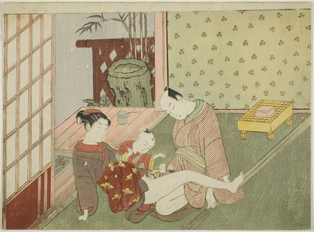 Poster encadré en France ou toile d’art imprimée. Lovers with Young Attendant Looking on, d'une série sans titre d'estampes érotiques...