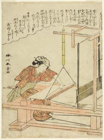Poster made in France ou toile fine art encadrée. Tissage de la soie, planche 11 de la série "Culture du ver à soie (Kaiko yashinai gusa)"...