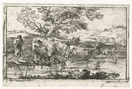 Impression fine art haut de gamme en France sur toile ou poster encadré. Troupeau à l'abreuvoir. Un berger avec un troupeau de vaches et une chèvre à un point d'eau...