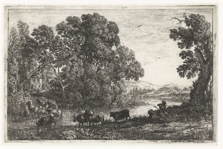 Toile fine art made in France premium ou affiche encadrée. vacher. Un troupeau de vaches patauge dans la rivière, le berger assis sur la rive joue d'un instrument...