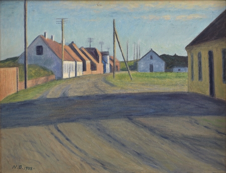 Affiche encadrée de qualité en France ou toile d’art premium. Route dans une petite ville. Strande. Ce tableau de Niels Bjerre est un paysage urbain...