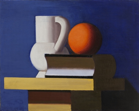 Impression d’art premium made in France sur toile fine art ou poster encadré. Nature morte avec pot blanc, orange et livre...