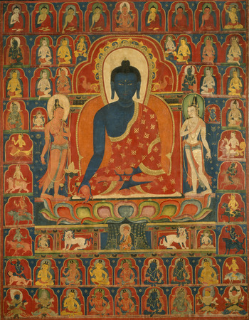 Poster made in France encadré ou toile imprimée. Bannière peinte (Thangka) avec le Bouddha de la médecine (Bhaishajyaguru)...