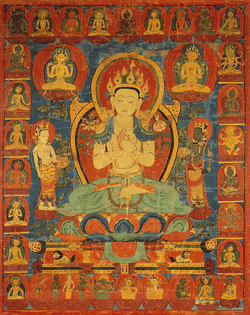 Affiche encadrée de qualité made in France ou toile d’art. Bannière peinte (Thangka) du bodhisattva Maitreya entouré de sa suite...