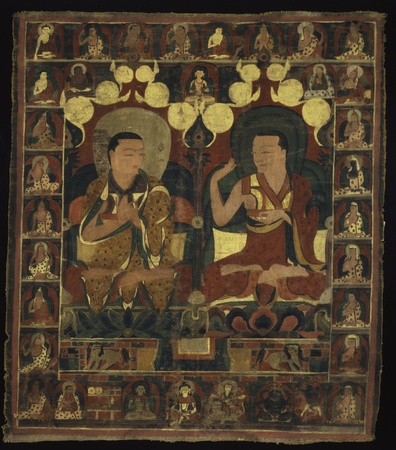 Poster encadré en France ou impression d’art sur toile. Bannière peinte (Thangka) de la peinture de lignage de deux lamas en débat...