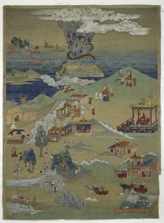 Toile fine art imprimée made in France ou affiche encadrée. Bannière peinte (Thangka) de cinq contes de moralité de l'Avadana Kalpalata Jataka...