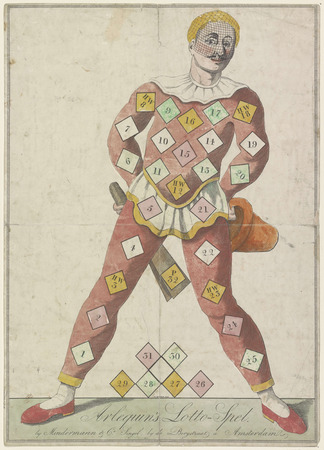 Poster fine art premium made in France ou toile imprimée haut de gamme. Le loto d'Arlequin. Jeu de société en forme de grand Arlequin aux jambes écartées...