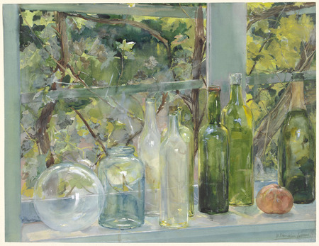 Affiche encadrée haut de gamme fabriquée en France ou toile d’art fine art. Rebord de fenêtre avec des bouteilles, un globe en verre et une pomme...