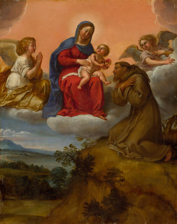 Impression d’art sur toile premium made in France ou poster encadré. Vierge à l'Enfant adorée par saint François...