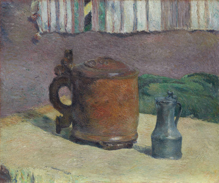 Affiche encadrée de qualité fine art made in France ou toile imprimée. Nature morte : chope en bois et pichet en métal...