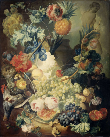 Impression d’art premium made in France sur toile fine art ou poster encadré. Nature morte aux fleurs, fruits et oiseaux...