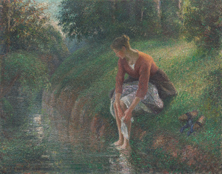 Toile premium imprimée en France ou affiche encadrée. Femme se baignant les pieds dans un ruisseau...