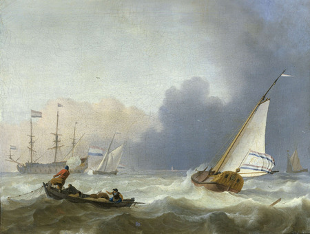 Affiche encadrée fine art premium fabriquée en France ou toile imprimée. Mer agitée avec un yacht hollandais. Mer agitée avec un yacht hollandais...