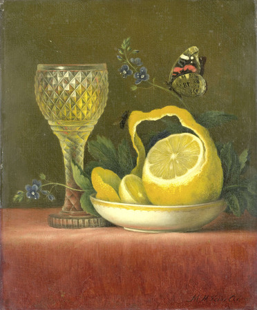 Poster premium d’art fabriqué en France ou toile fine art. Nature morte au citron et verre taillé...