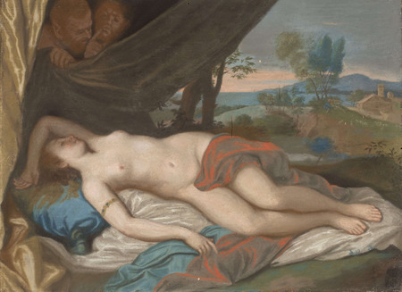 Impression sur toile fine art de qualité made in France ou poster encadré. Nymphe endormie espionnée par les satyres. Une nymphe endormie nue espionnée par des satyres...