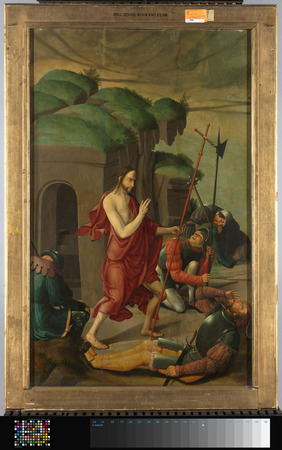 Toile fine art haut de gamme fabriquée en France ou affiche encadrée. Panneau d'un retable avec la circoncision du Christ, au verso est la résurrection du Christ...