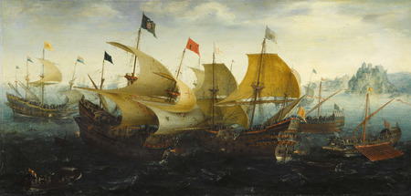 Impression haut de gamme fine art sur toile made in France ou poster encadré. La bataille de Cadix (des navires hollandais et anglais attaquent l'armada espagnole)...