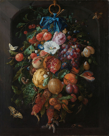 Affiche encadrée d’art de qualité premium en France ou toile imprimée. Guirlande de fruits et de fleurs...