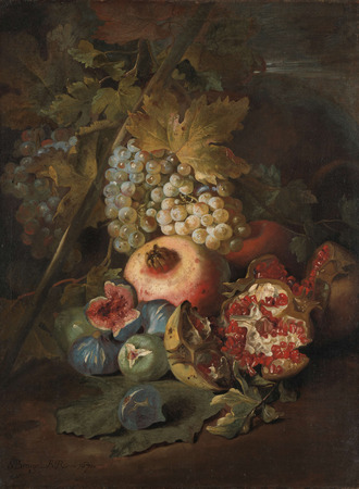 Poster fine art premium fabriqué en France ou toile haut de gamme. Grappes de raisins, grenades et figues dans un paysage. Nature morte aux fruits : raisins, grenades et figues...