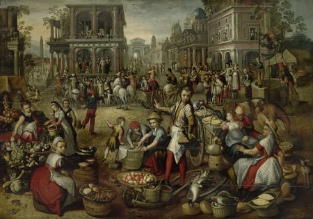 Impression fine art made in France de qualité sur toile ou poster encadré. Place du marché, avec la Flagellation, l'Ecce Homo et le Portement de Croix en arrière-plan...