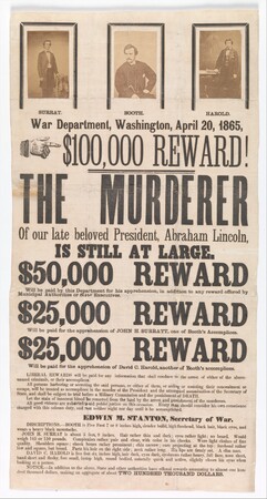 Poster fine art haut de gamme fabriqué en France ou toile imprimée. [Broadside pour la capture de John Wilkes Booth, John Surratt et David Herold]...
