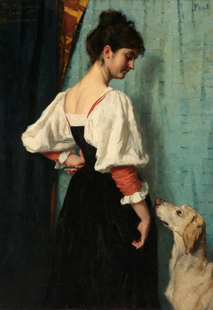 Impression sur toile d’art haut de gamme fabriquée en France ou poster encadré. Portrait d'une jeune femme, avec 'Puck' le chien...