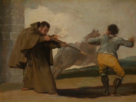 Impression premium sur toile fine art ou poster encadré fabriqué en France. Frère Pedro tire sur El Maragato alors que son cheval s'enfuit...