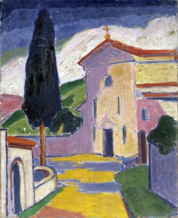 Affiche encadrée haut de gamme fabriquée en France fine art ou toile d’art. Église avec cèdre à gauche...