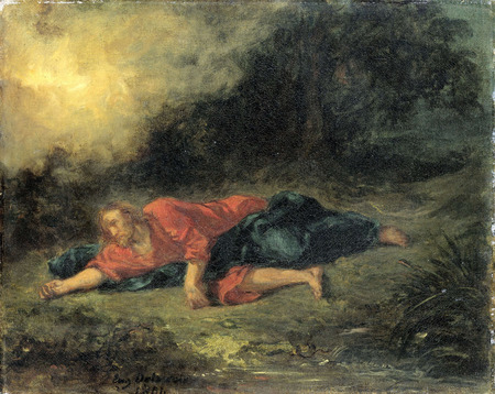 Poster fine art made in France haut de gamme ou toile imprimée. L'agonie au jardin. Christ à Gethsémani. Le Christ est étendu sur le sol, à gauche un léger éclat...