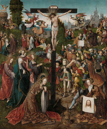 Toile premium fine art fabriquée en France ou affiche encadrée d’art. La crucifixion. Kruisberg avec de nombreuses figures et différents épisodes de la Passion...