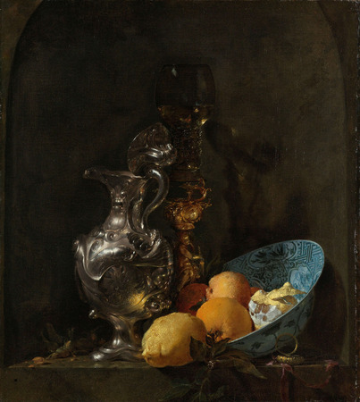 Impression fine art de qualité haut de gamme made in France sur toile ou poster encadré. Nature morte à la cruche en argent et au bol en porcelaine...