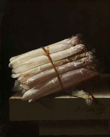 Poster premium fine art fabriqué en France ou toile d’art imprimée. Nature morte aux asperges. Nature morte avec une botte d'asperges...