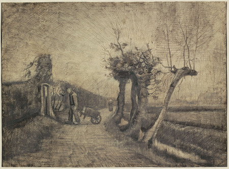 Poster premium en France fine art ou toile d’art imprimée. Route derrière le jardin du presbytère à Nuenen. A bas les saules têtards et un homme avec une brouette...