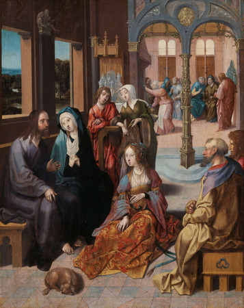 Affiche encadrée fine art premium en France ou toile d’art. Deuxième visite du Christ à la maison de Marie et Marthe. Intérieur avec le Christ avec Marthe et Marie...