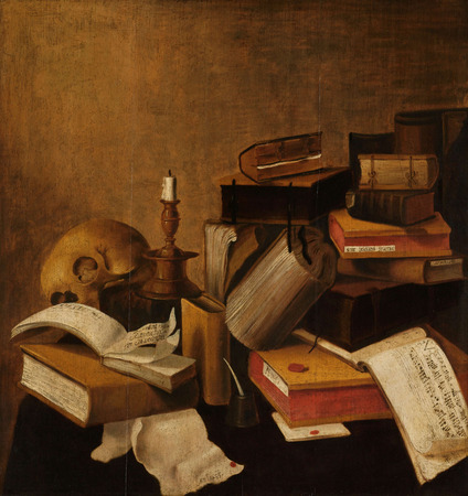 Poster fine art haut de gamme fabriqué en France ou toile premium. Vanitas Nature morte aux livres. Vanitas nature morte avec des livres...