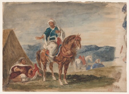Poster fine art fabriqué en France de qualité ou toile d’art imprimée. Trois cavaliers arabes dans un campement...