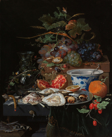 Toile premium fine art made in France ou affiche encadrée de qualité. Nature morte aux fruits, aux huîtres et au bol en porcelaine...