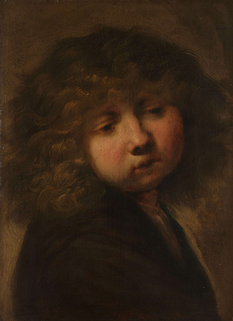 Affiche encadrée de qualité premium made in France ou toile fine art. Tête de garçon. visage de garçon. Buste de garçon aux longs cheveux bouclés, tourné vers la droite...
