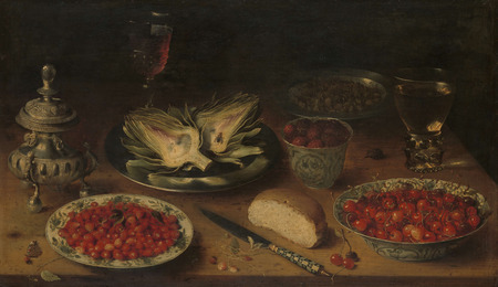 Poster haut de gamme fine art en France ou toile premium. Nature morte à l'artichaut, fruits en porcelaine de Kraak, salière/roulette à poivre...