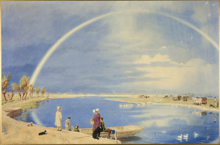 Impression fine art made in France de qualité sur toile ou poster encadré. Une douche d'avril : une vue de Binsey Ferry près d'Oxford, en regardant vers Port Meadow et Godstow...
