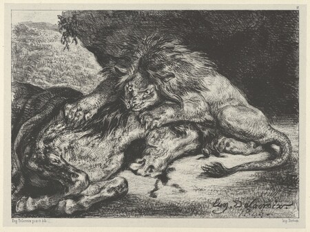Affiche encadrée fine art premium fabriquée en France ou toile imprimée. Lion dévorant un cheval...