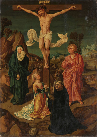 Toile premium imprimée fine art en France ou affiche encadrée. Crucifixion avec la Vierge, Saint Jean, Marie-Madeleine, un donateur. Crucifixion...