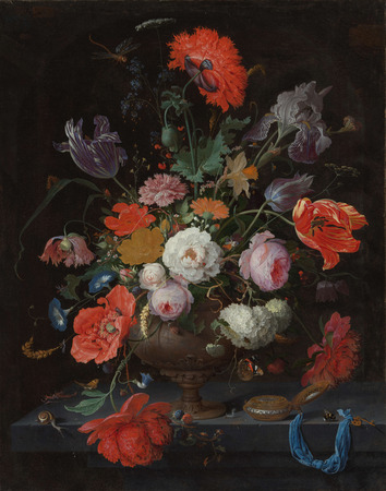 Poster haut de gamme fabriqué en France fine art ou toile premium. Nature morte avec des fleurs et une montre. Nature morte avec des fleurs et une montre...