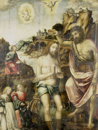 Affiche encadrée de qualité fine art premium fabriquée en France ou toile d’art. Baptême du Christ. Le baptême du Christ. Jean-Baptiste baptise le Christ dans le Jourdain...