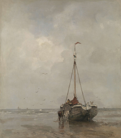 Poster premium haut de gamme en France ou toile fine art imprimée. Bateau de pêche à la proue sur la plage de Scheveningen...