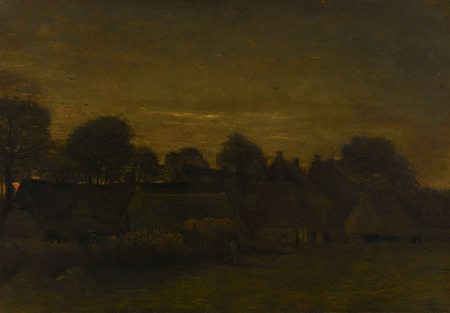 Affiche encadrée premium en France fine art ou toile d’art imprimée. Village fermier au crépuscule. Vue d'un village le soir...