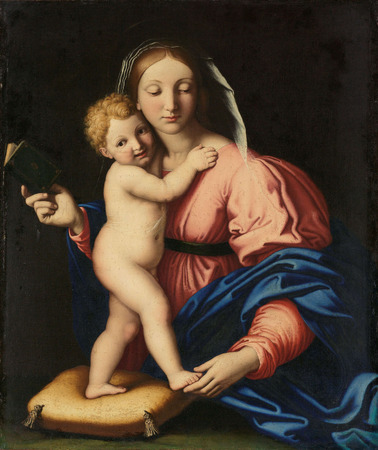 Poster haut de gamme fabriqué en France fine art ou toile premium. Vierge à l'Enfant. Madonna avec l'Enfant Jésus debout sur un oreiller devant elle...