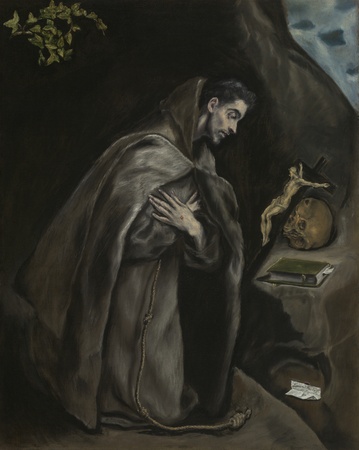Impression haut de gamme fine art fabriquée en France sur toile ou poster encadré. Saint François agenouillé en méditation...