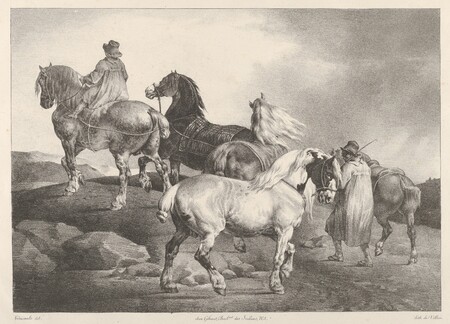 Toile premium imprimée en France ou affiche encadrée fine art. Chevaux conduits à une foire...