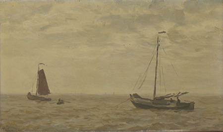 Poster HD encadré ou toile d'art imprimée en France. Paysage marin avec des bateaux de pêche. Paysage marin avec deux bateaux de pêche et un bateau à rames...